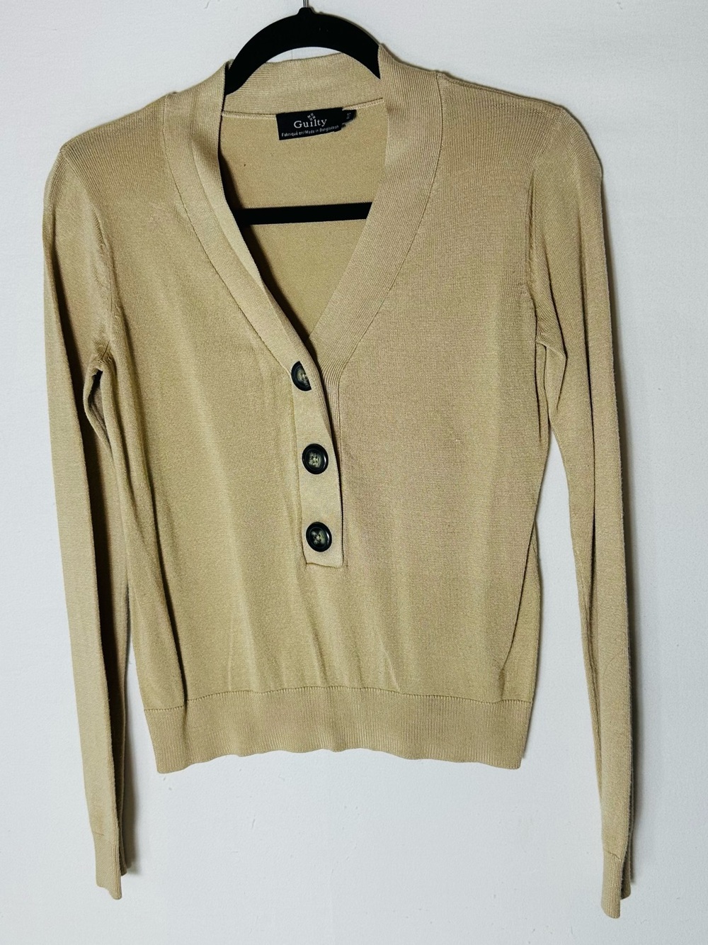 Guilty Beige V Neck Button Front Knit Top Light Sweater S Normcore Twee